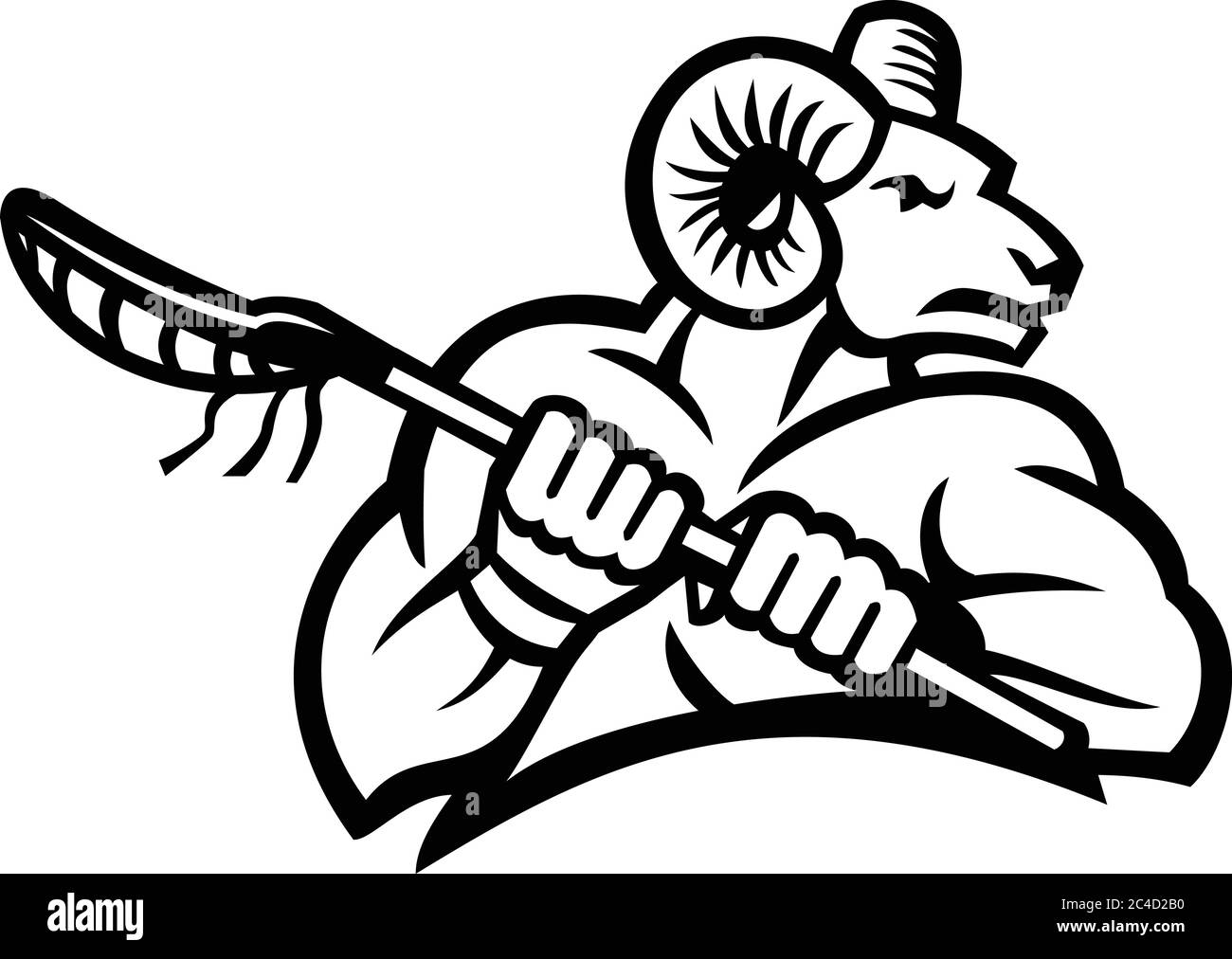 Schwarz-weiße Illustration eines Dickhornrams, einer Bergziege oder eines Schafs mit einem Lacrosse Stick, der von der Seite auf einem isolierten Hintergrund im Retro-Stil betrachtet wird. Stock Vektor