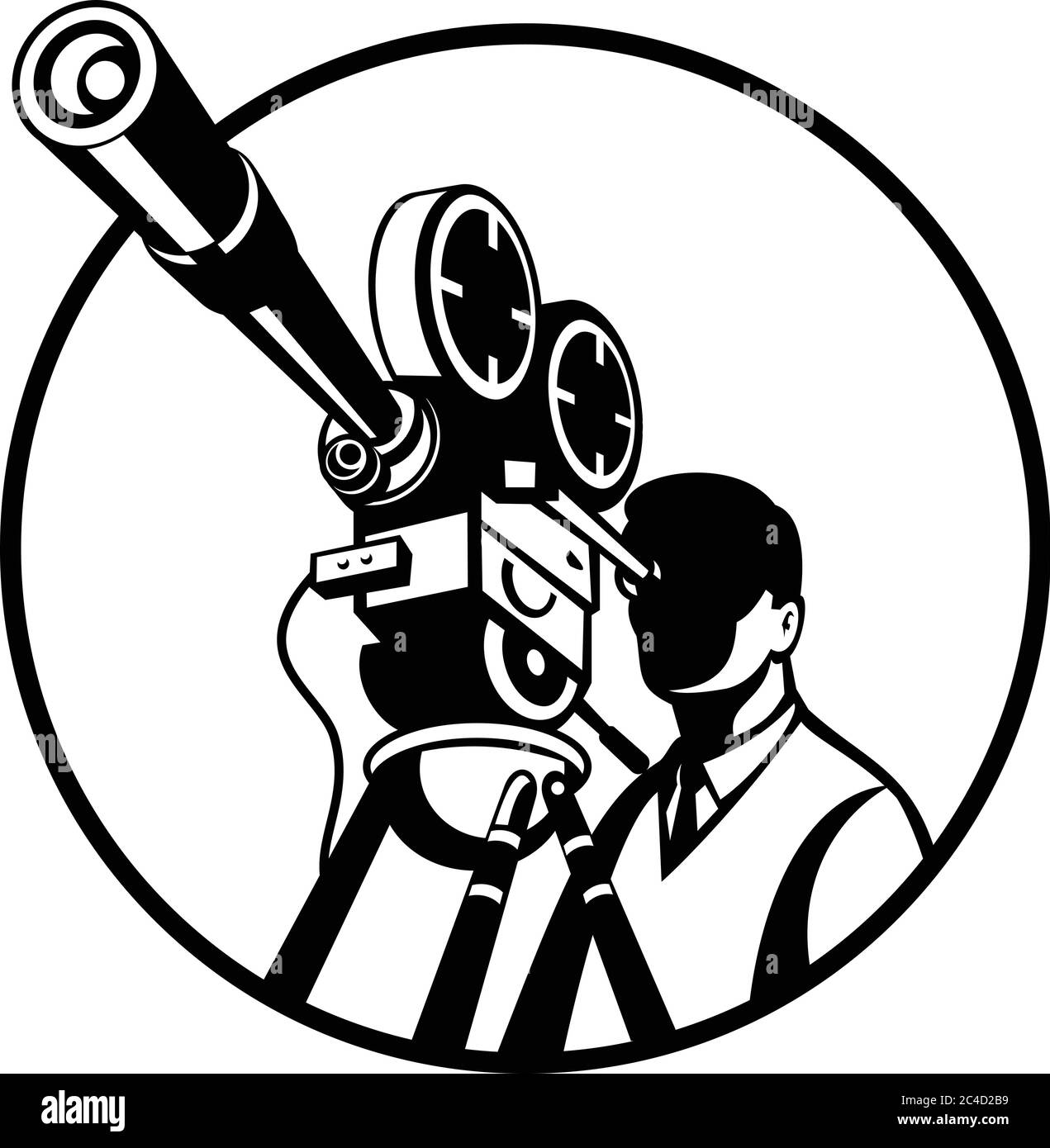 Schwarz-Weiß-Retro-Stil Illustration eines Filmregisseurs Blick durch eine vintage Film Reel Kamera von vorne gesehen gesetzt im Kreis auf isoliert w Stock Vektor