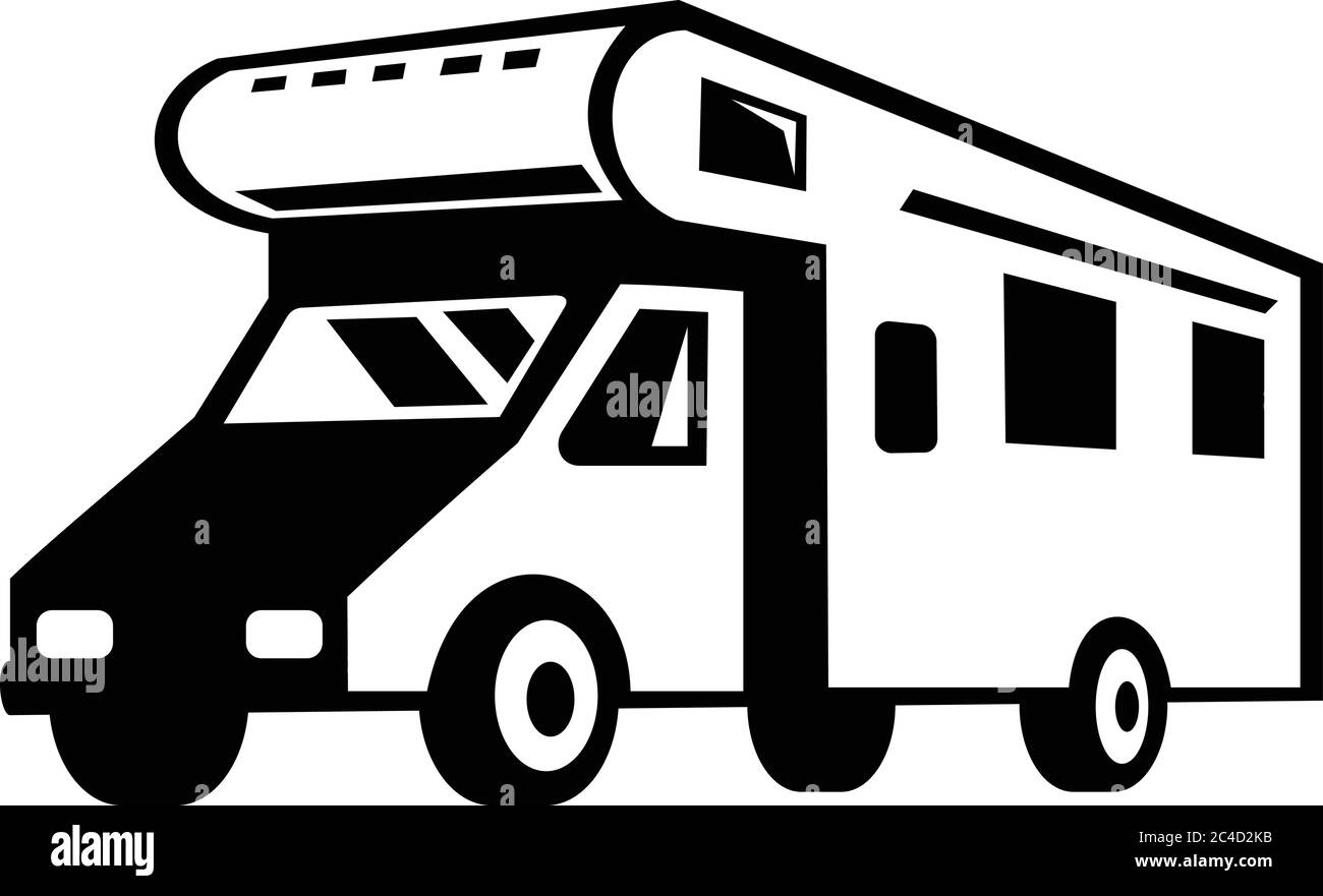 Schwarz-weiße Retro-Stil-Illustration eines Wohnmobils, Wohnmobils oder Wohnwagens von der Seite auf isoliertem Hintergrund. Stock Vektor