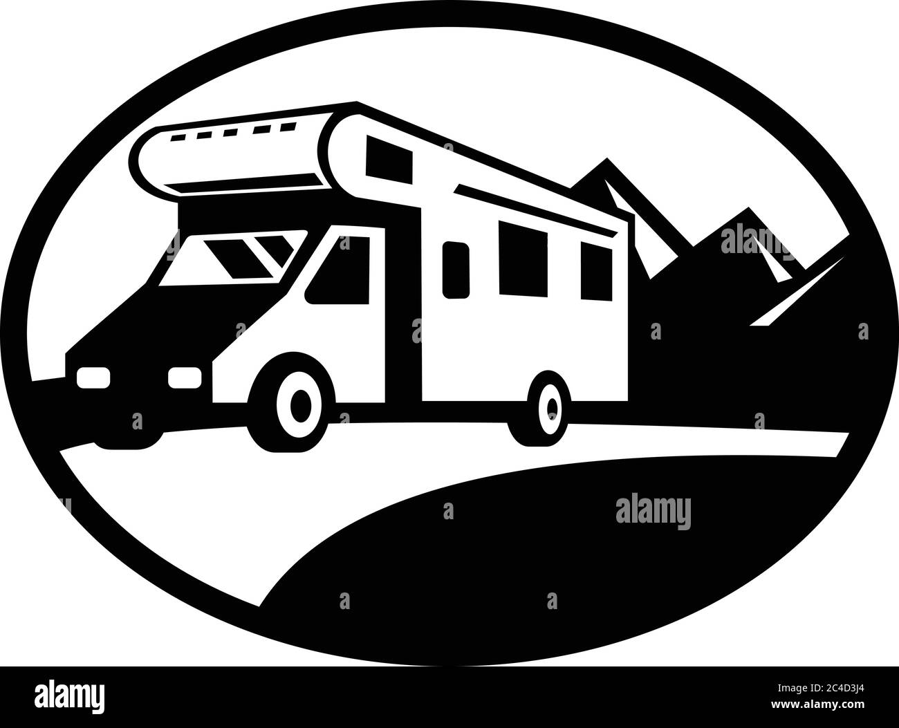 Schwarz-weiße Retro-Stil Illustration eines Wohnmobils, Wohnmobil oder Wohnwagen van Reisen auf der Straße mit Bergen im Hintergrund innen oval auf gesetzt Stock Vektor