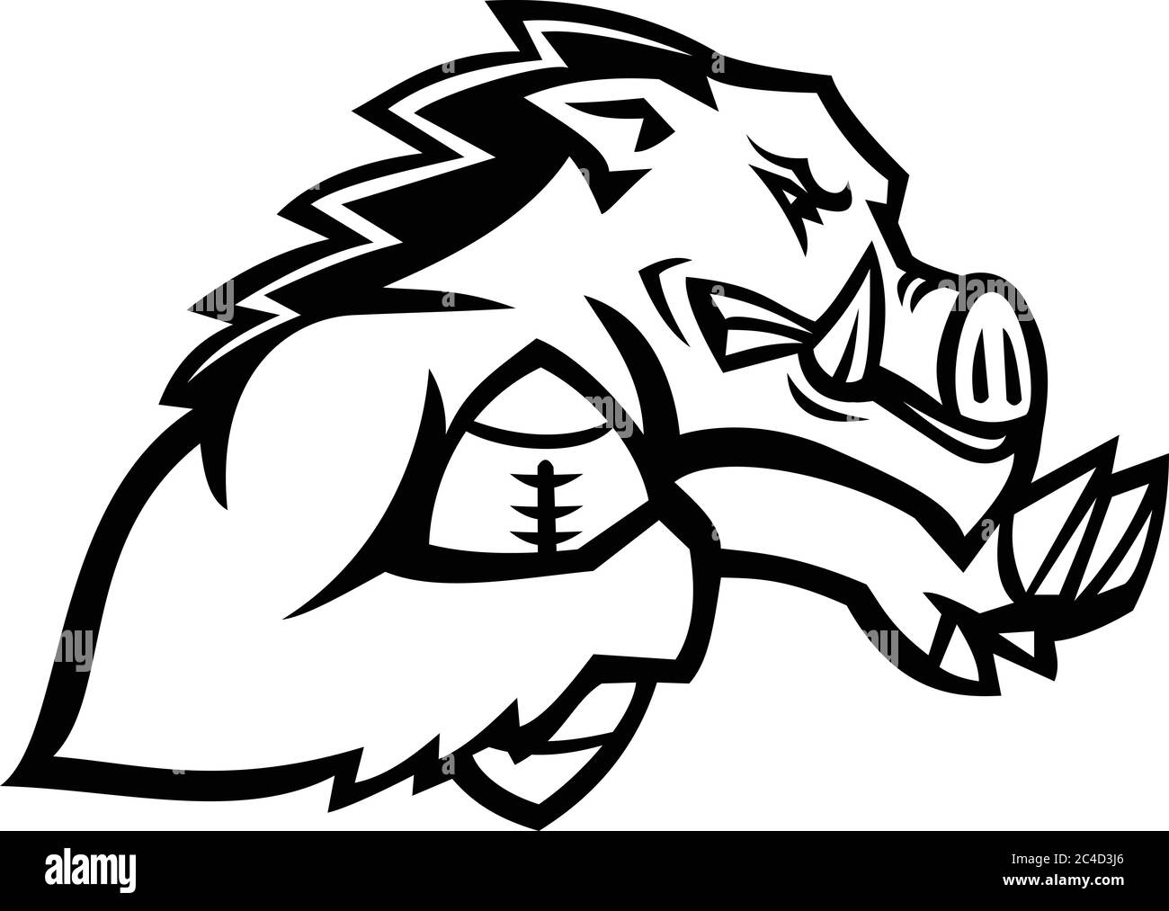 Schwarz-Weiß-Illustration eines Wildschweins oder razorback, eine halb-wilde Schwein Rasse häufig im Süden der USA, läuft mit American Football Ball Fend von Stock Vektor