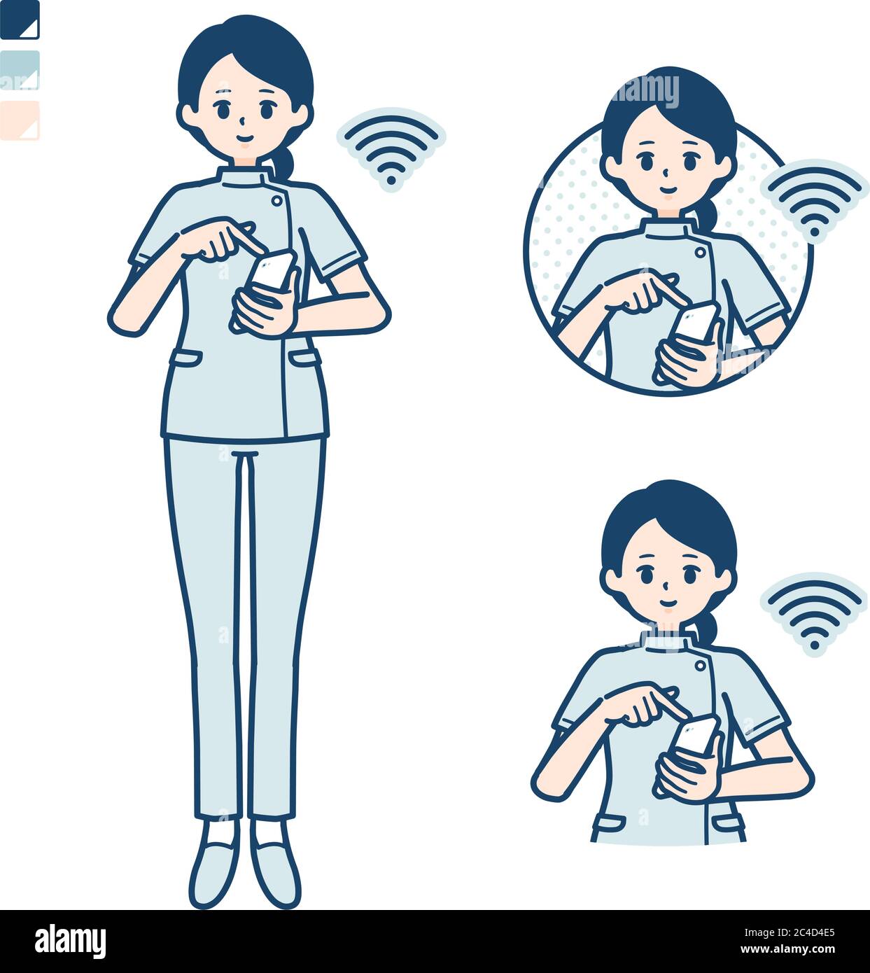 Eine junge Krankenschwester Frau mit bedienen Smartphone-Bilder. Es ist Vektorgrafik, so dass es einfach zu bearbeiten ist. Stock Vektor