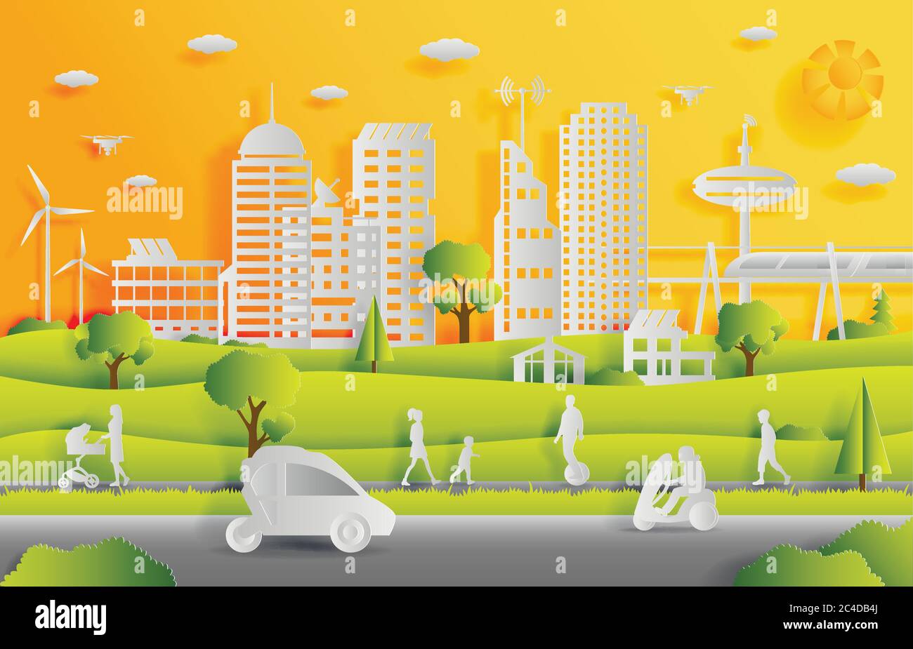 Konzept der Smart City mit Technologien der Zukunft und städtischen Innovationen, Papier schneiden Design Vektor Illustration Stock Vektor
