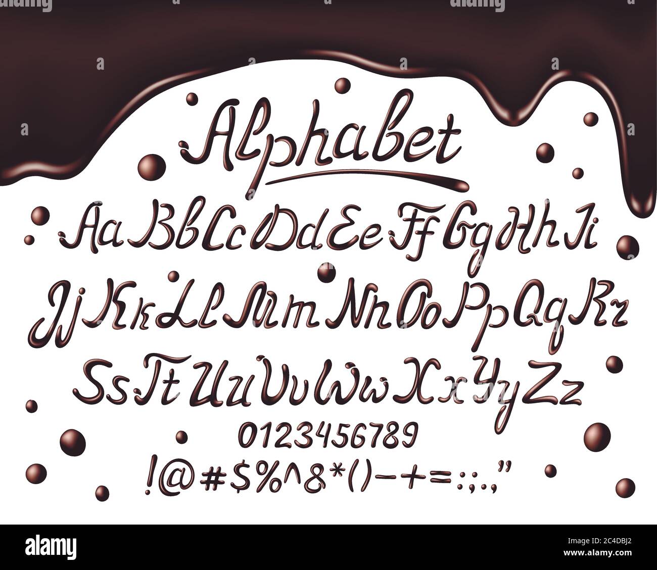 Schriftart für Schokoladenbuchstaben. Realisktische Schokolade in Großbuchstaben, Kleinbuchstaben und Zahlen auf weißem Hintergrund, Vektorgrafik Stock Vektor