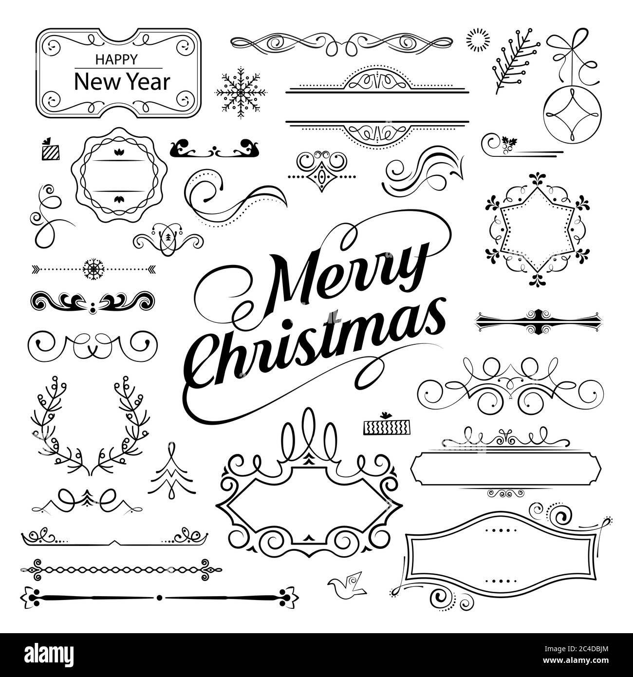 Set von Weihnachten dekorativen filigranen Schnörkel und dünne Trennwände auf weißem Hintergrund. Klassische Vintage-Elemente, Vektorgrafik Stock Vektor