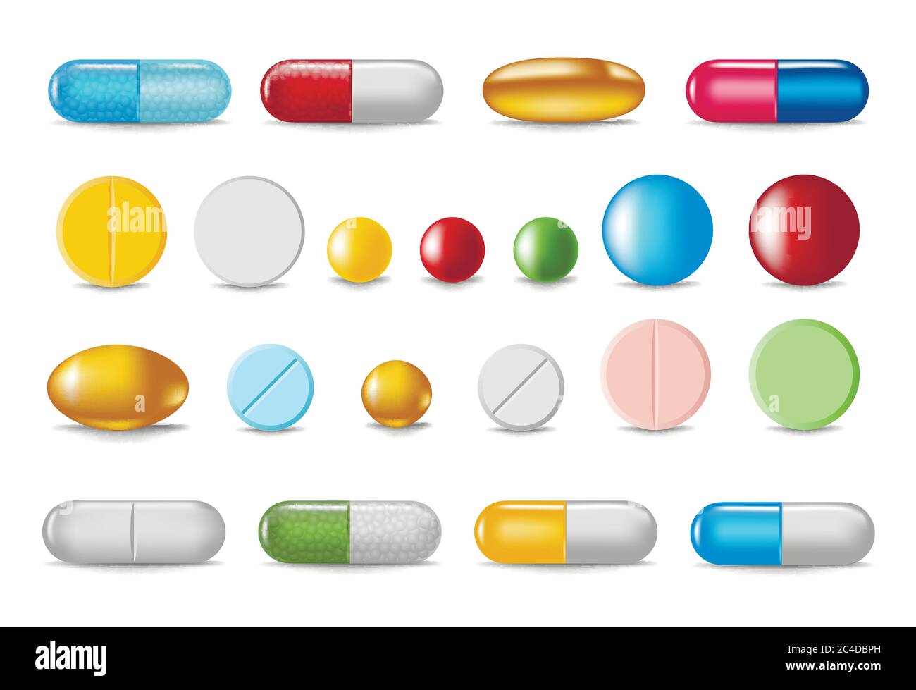 Set von Farbpillen und Kapseln in realistischem Stil isoliert auf weißem Hintergrund. Illustration von Konzepten für Gesundheitswesen und Medizin Stock Vektor