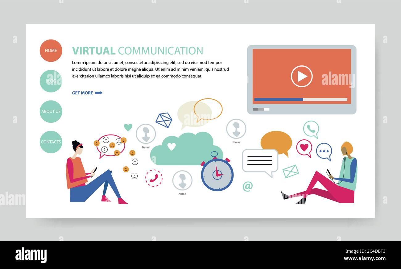 Virtuelle Kommunikation, kreative Website Vorlage, flache Design Vektor Illustration Stock Vektor