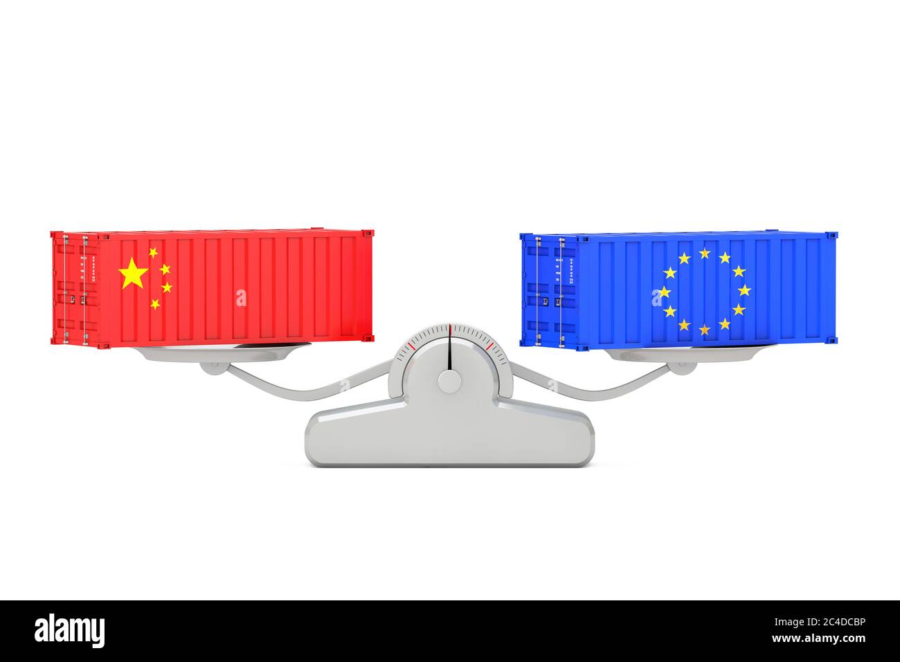 Versandkonzept. Schiffscontainer mit China und EU-Flaggen Balancing auf einer einfachen Gewichtsskala auf weißem Hintergrund. 3d-Rendering Stockfoto