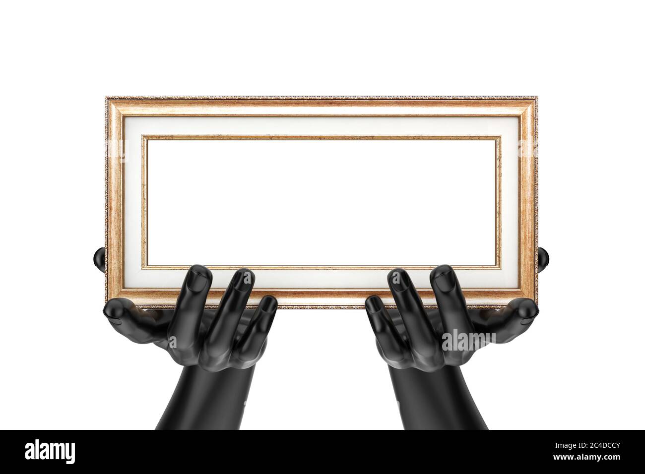 Abstrakter Mannequin Hände Halten Klassischer hölzerner Fotorahmen mit freiem Raum für Ihr Design auf weißem Hintergrund. 3d-Rendering Stockfoto