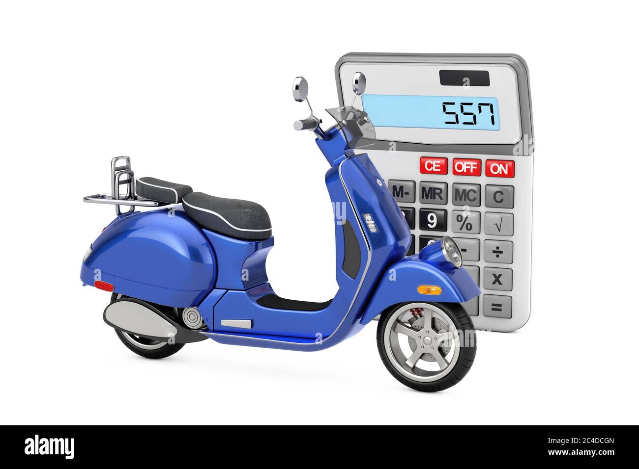 Blue Classic Vintage Retro oder Elektro-Scooter nahe Taschenrechner auf weißem Hintergrund. 3d-Rendering Stockfoto