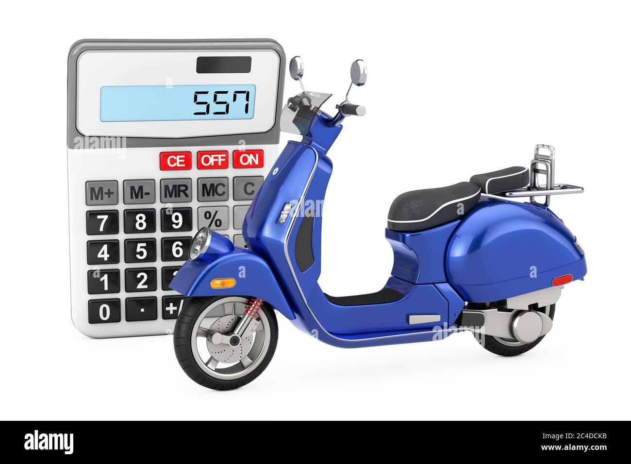 Blue Classic Vintage Retro oder Elektro-Scooter nahe Taschenrechner auf weißem Hintergrund. 3d-Rendering Stockfoto
