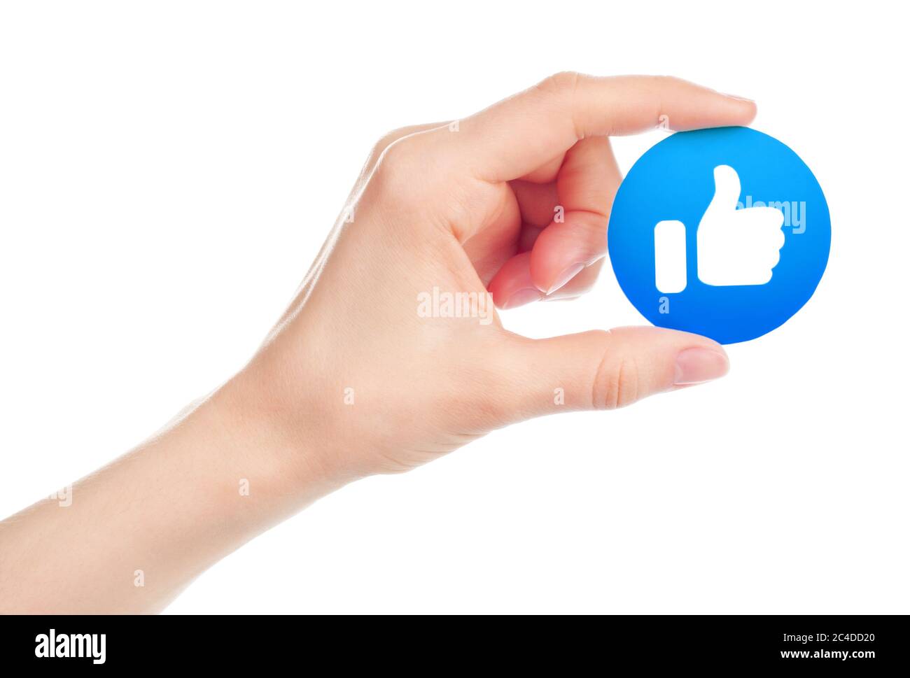 Kiew, Ukraine - 15. Mai 2019: Hand hält Neues Facebook-Like-Icon auf Papier gedruckt. Facebook ist ein bekannter Dienst für soziale Netzwerke Stockfoto