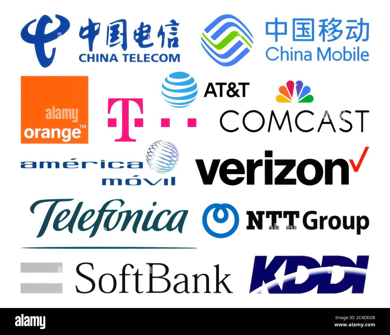Kiew, Ukraine - 23. Februar 2020: Logos Sammlung der größten weltweiten Telekommunikationsunternehmen, wie: China Telecom, AT&T, Verizon, Telefoni Stockfoto