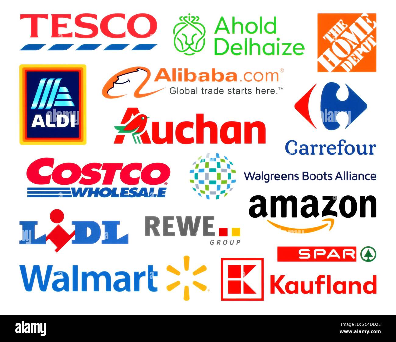 Kiew, Ukraine - 23. Februar 2020: Logos Sammlung der größten weltweiten Einzelhandel, wie: Amazon, Tesco, Alibaba, Lidl, Walmart, Aldi, Auchan, und ot Stockfoto