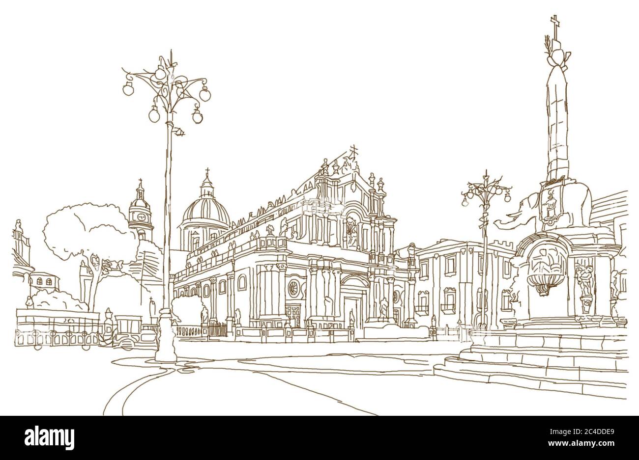Handgezeichnete Skizze der Piazza del Duomo in Catania mit der Kathedrale Santa Agatha in Catania in Sizilien, Italien Stockfoto