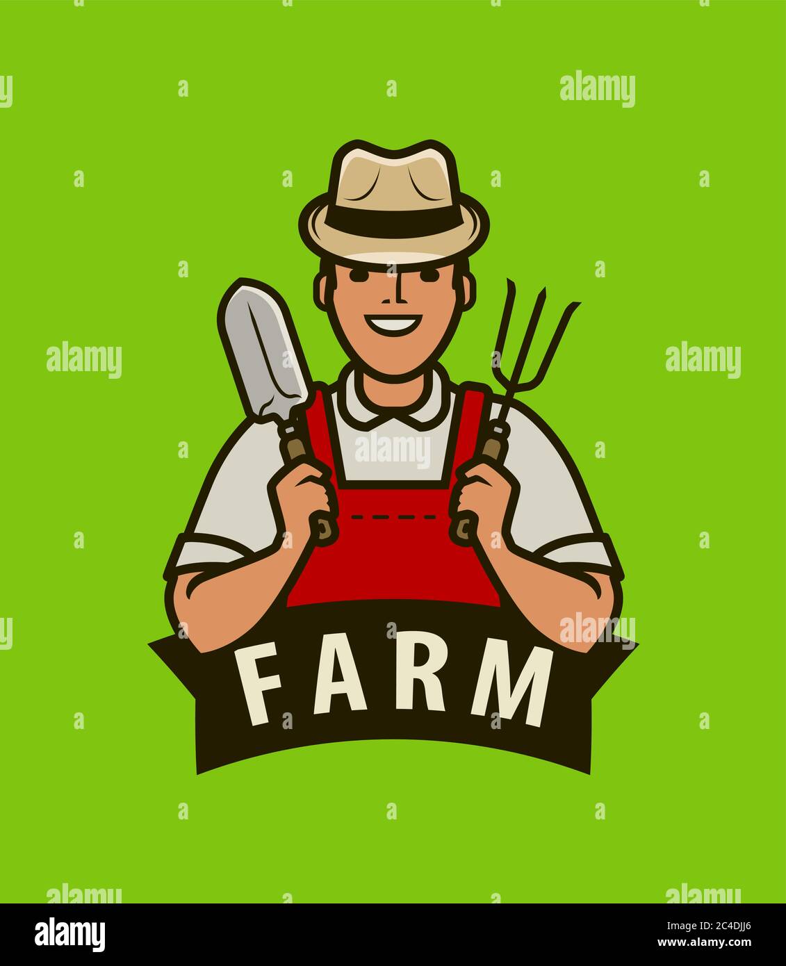 Farmlogo oder -Etikett. Glücklicher Bauer mit Garten Werkzeuge Vektor-Illustration Stock Vektor