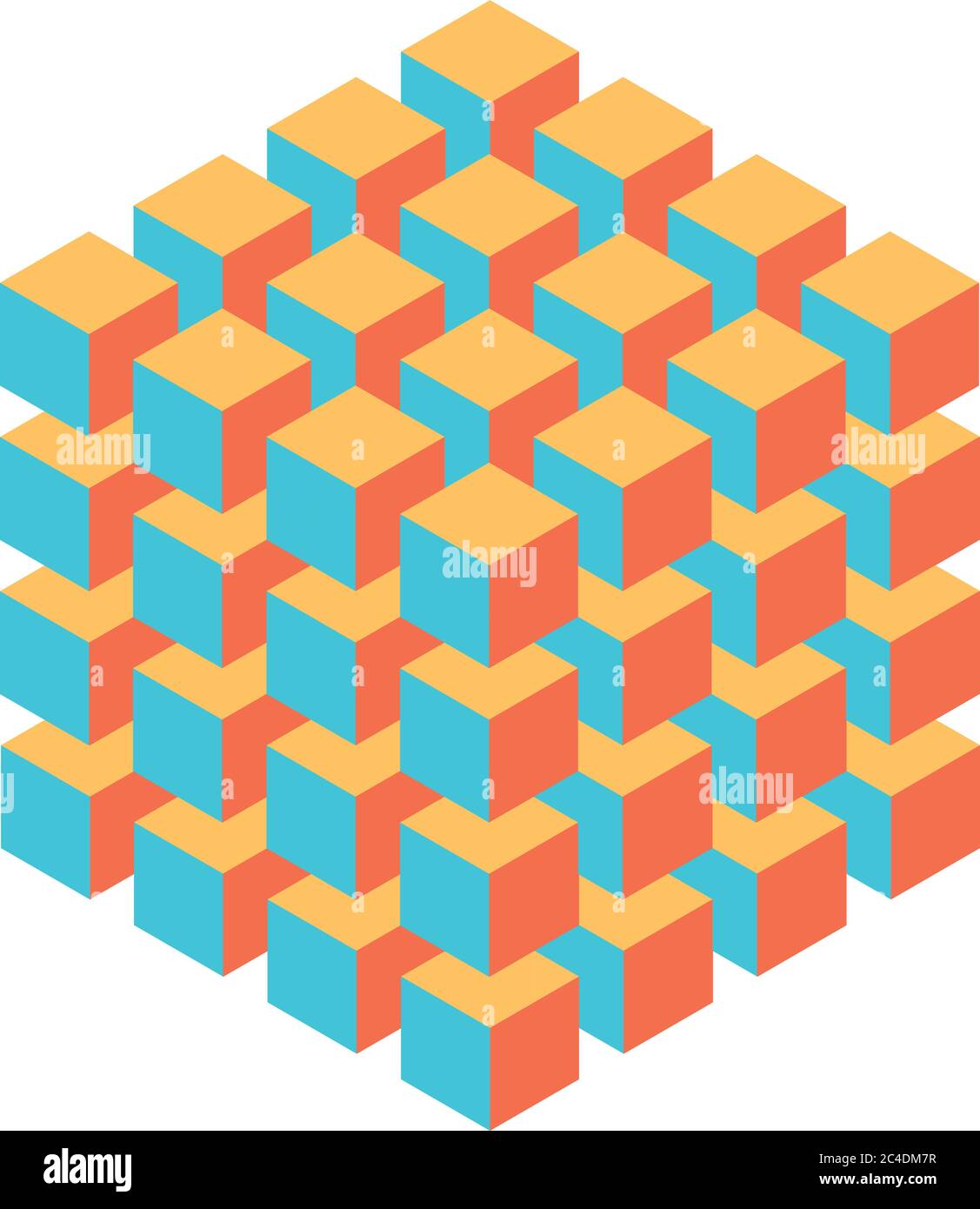 Geometrischer Würfel aus kleineren isometrischen Würfeln. Abstraktes Designelement. Wissenschaft oder Baukonzept. 3D-Vektorobjekt. Stock Vektor