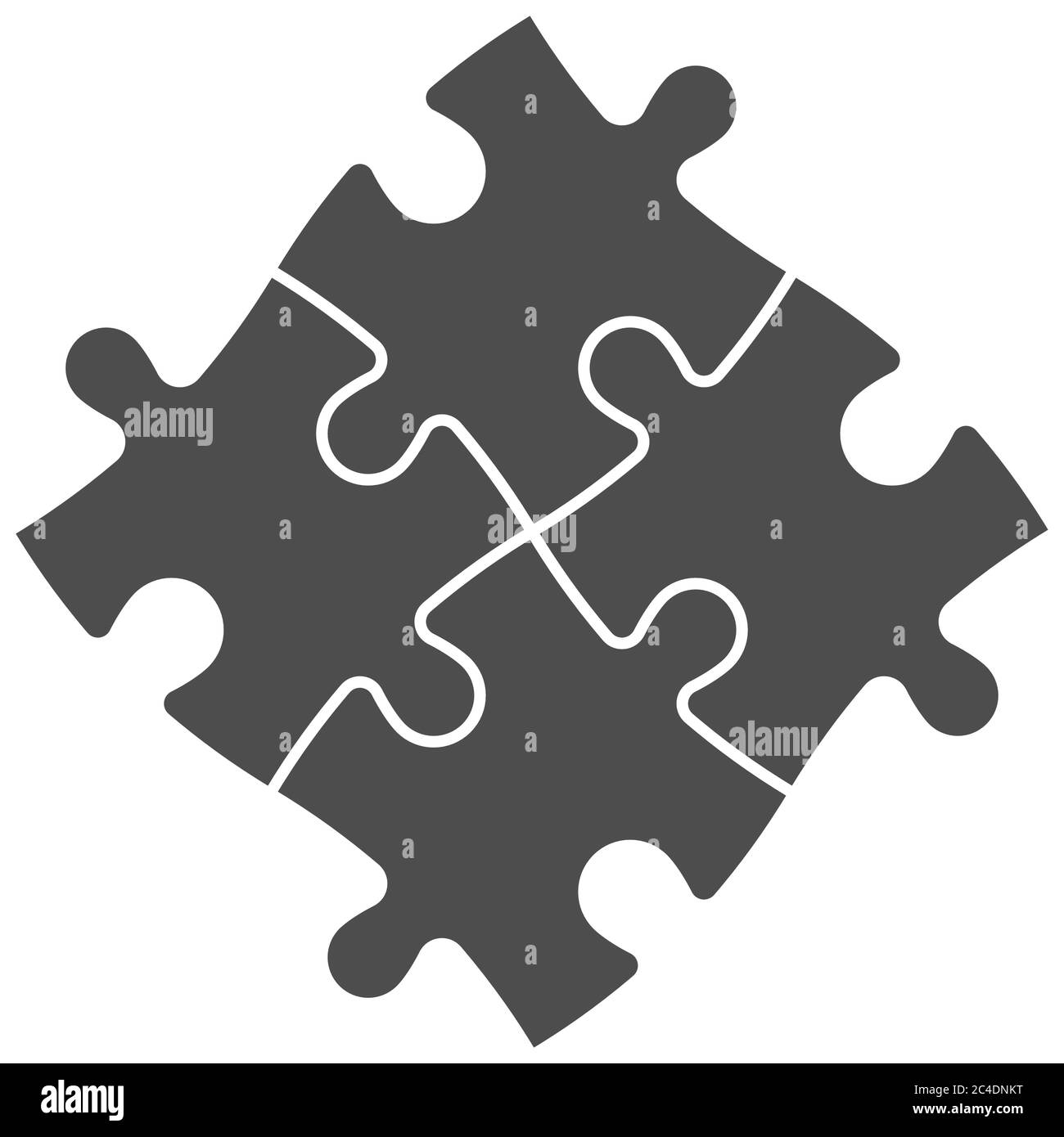 Gelöst Puzzle von vier grauen Stücken. Teamzusammenarbeit, Teamarbeit oder Geschäftsthema für Lösungen. Einfache flache Vektorgrafik auf weißem Hintergrund. Stock Vektor