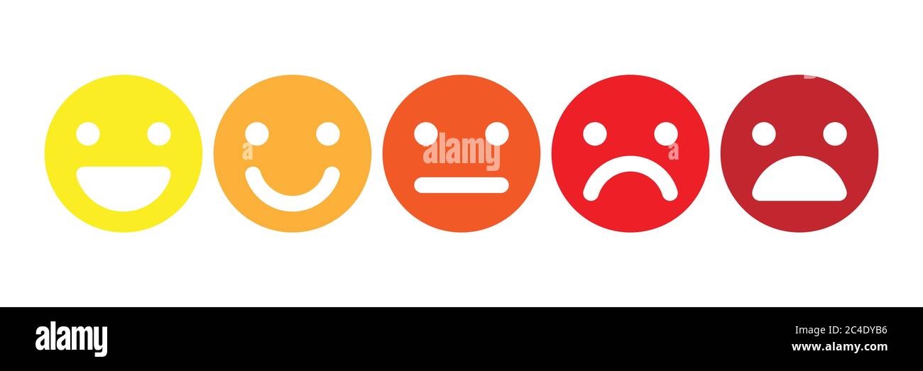 Basis-Emoticons eingestellt. Fünf Gesichtsausdrückungen der Feedback-Skala - von positiv bis negativ. Einfache farbige Vektorsymbole. Stock Vektor