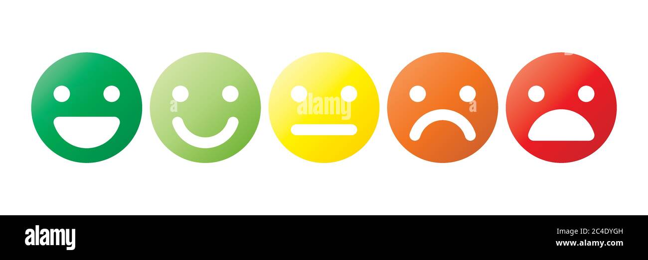 Basis-Emoticons eingestellt. Fünf Gesichtsausdrückungen der Feedback-Skala - von positiv bis negativ. Einfache farbige Vektorsymbole. Stock Vektor
