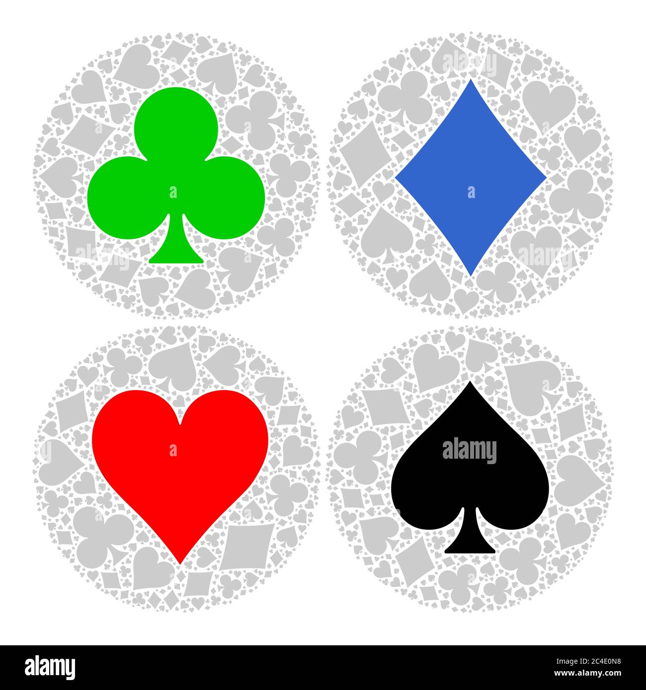 Mosaik Kreis der Poker-Spielkartenanzug mit Hauptsymbol in der Mitte - rotes Herz, blauer Diamant, schwarzer Spaten und grüner Club. Flache Vektorgrafik auf weißem Hintergrund. Stock Vektor