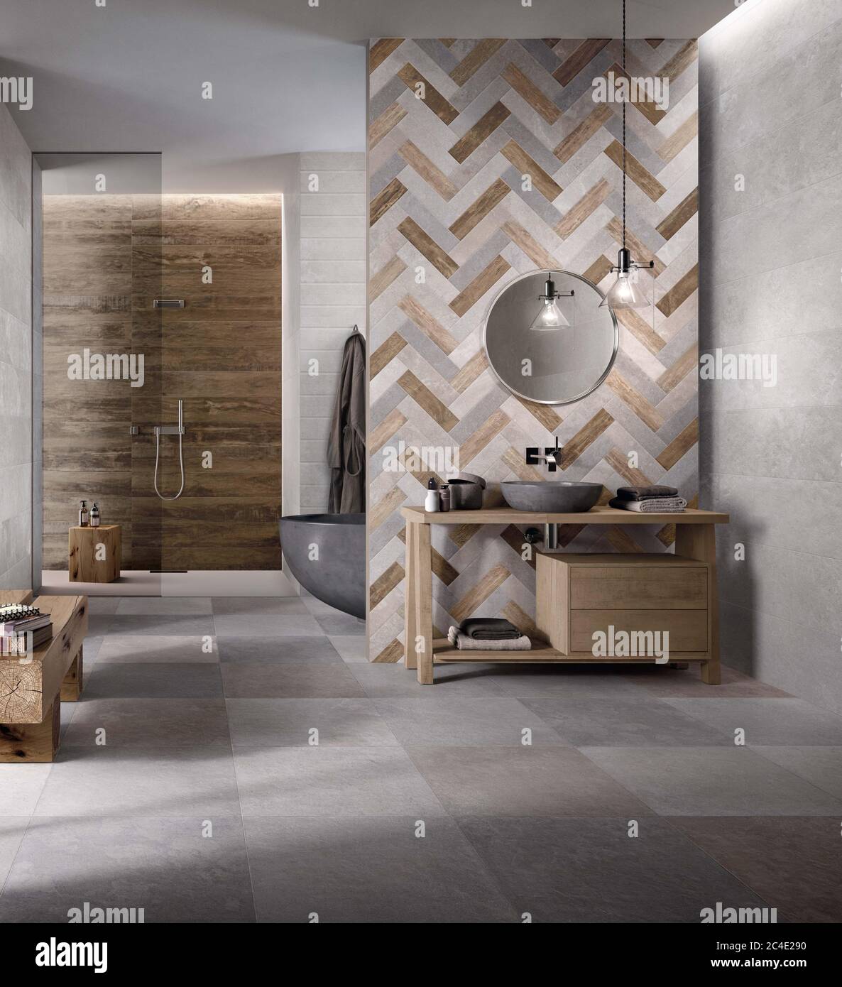 Modernes Badezimmer mit grauen und beigen Fliesen, nahtlosem Design, luxuriösem Interieur. Stockfoto