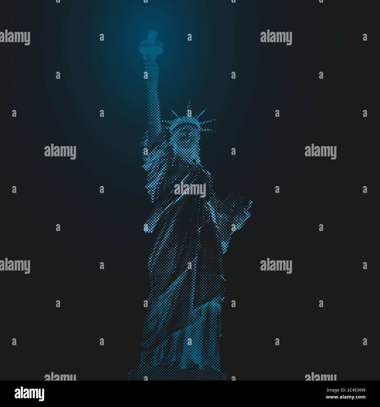 Freiheitsstatue, New York, USA. Rasterbildpunkte. Blau LED Licht futuristisches Design auf dunklem Hintergrund. Stock Vektor