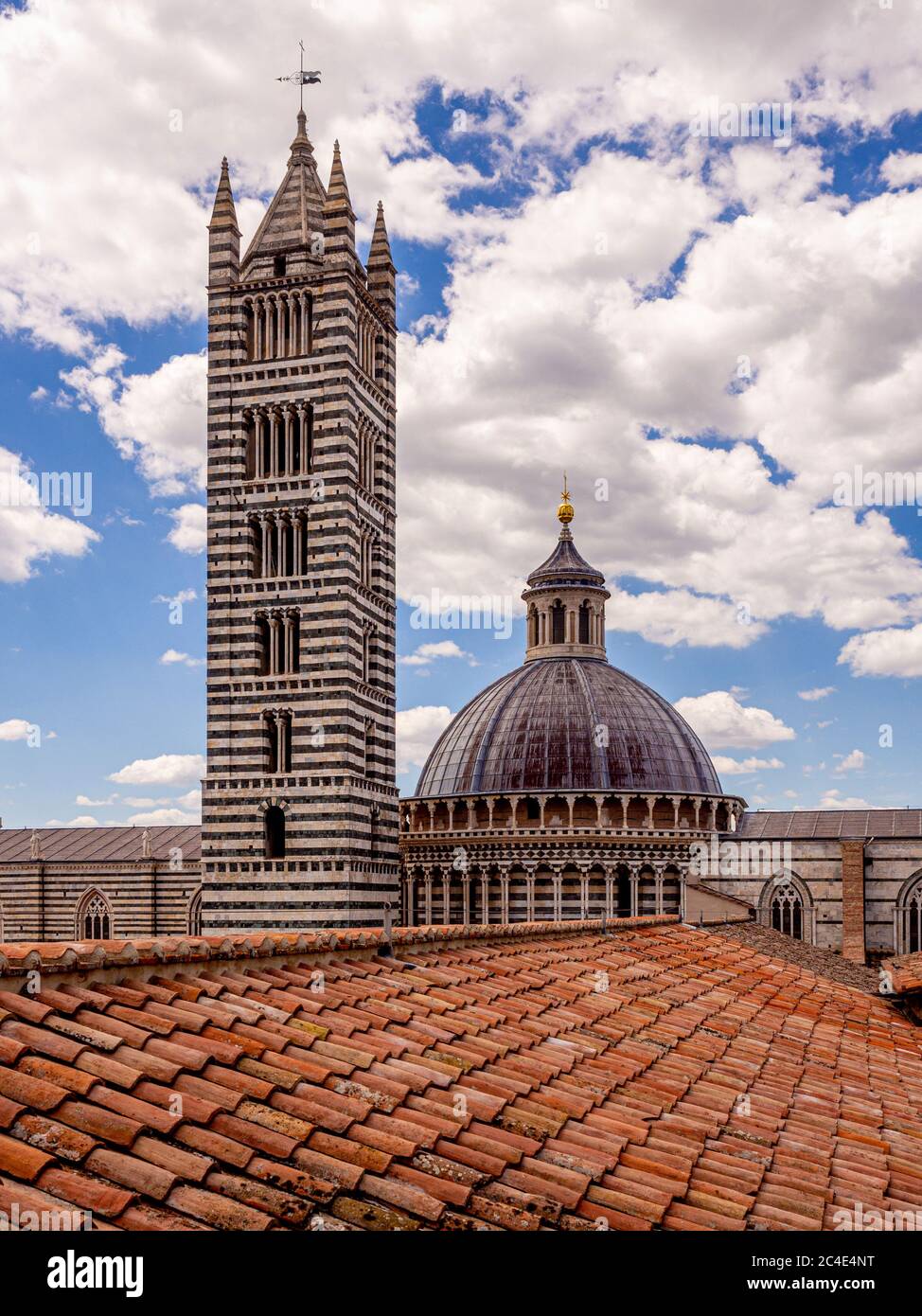 Terracotta-Dach der Opera delle Metropolitana, führt zu der Kuppel und Glockenturm der Kathedrale von Siena. Siena. Italien. Stockfoto