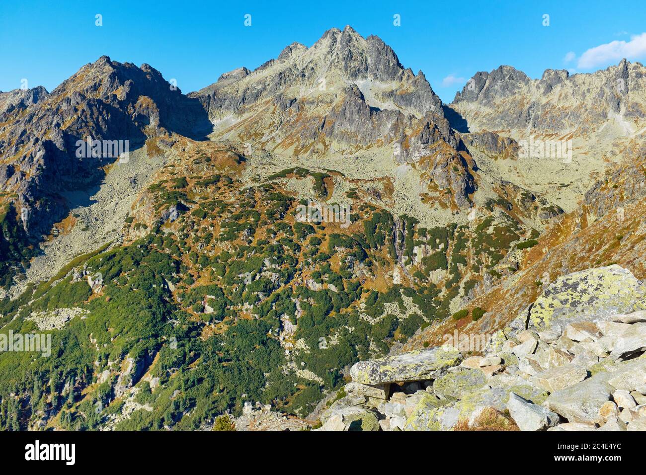 Berglandschaft - Gipfel der Hohen Tatra am Poprader See in der Slowakei Stockfoto