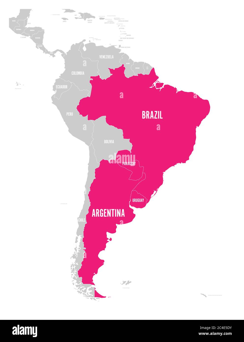 Karte der MERCOSUR-Länder. südamerikanischer Handelsverband. Rosa hervorgehobene Mitgliedsstaaten Brasilien, Paraguay, Uruguay und Argetina. Seit Dezember 2016. Stock Vektor