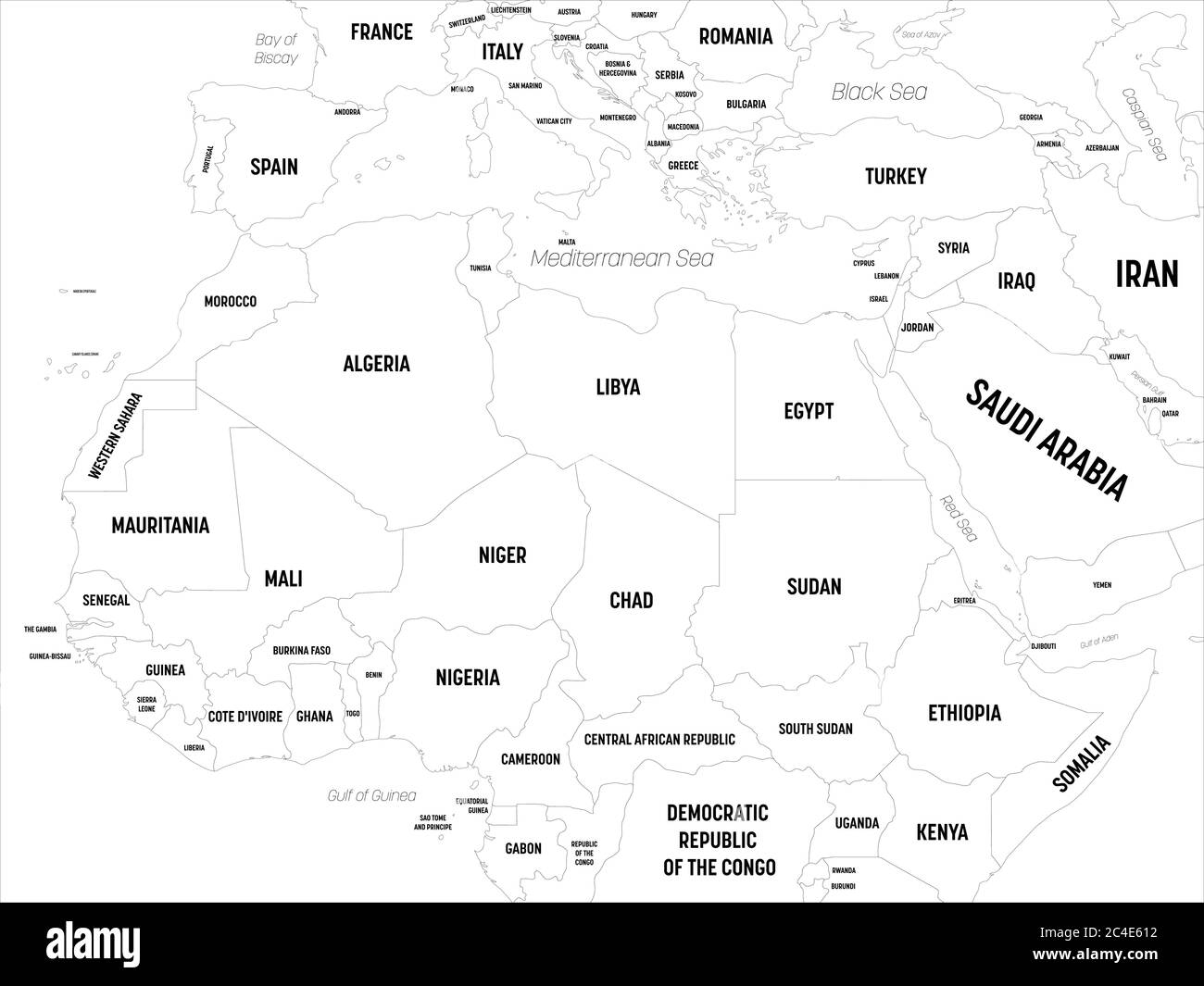Karte für Nordafrika. Hoch detaillierte politische Karte der nordafrikanischen Region mit Land, Hauptstadt, Meer und Meer Namen Kennzeichnung. Stock Vektor