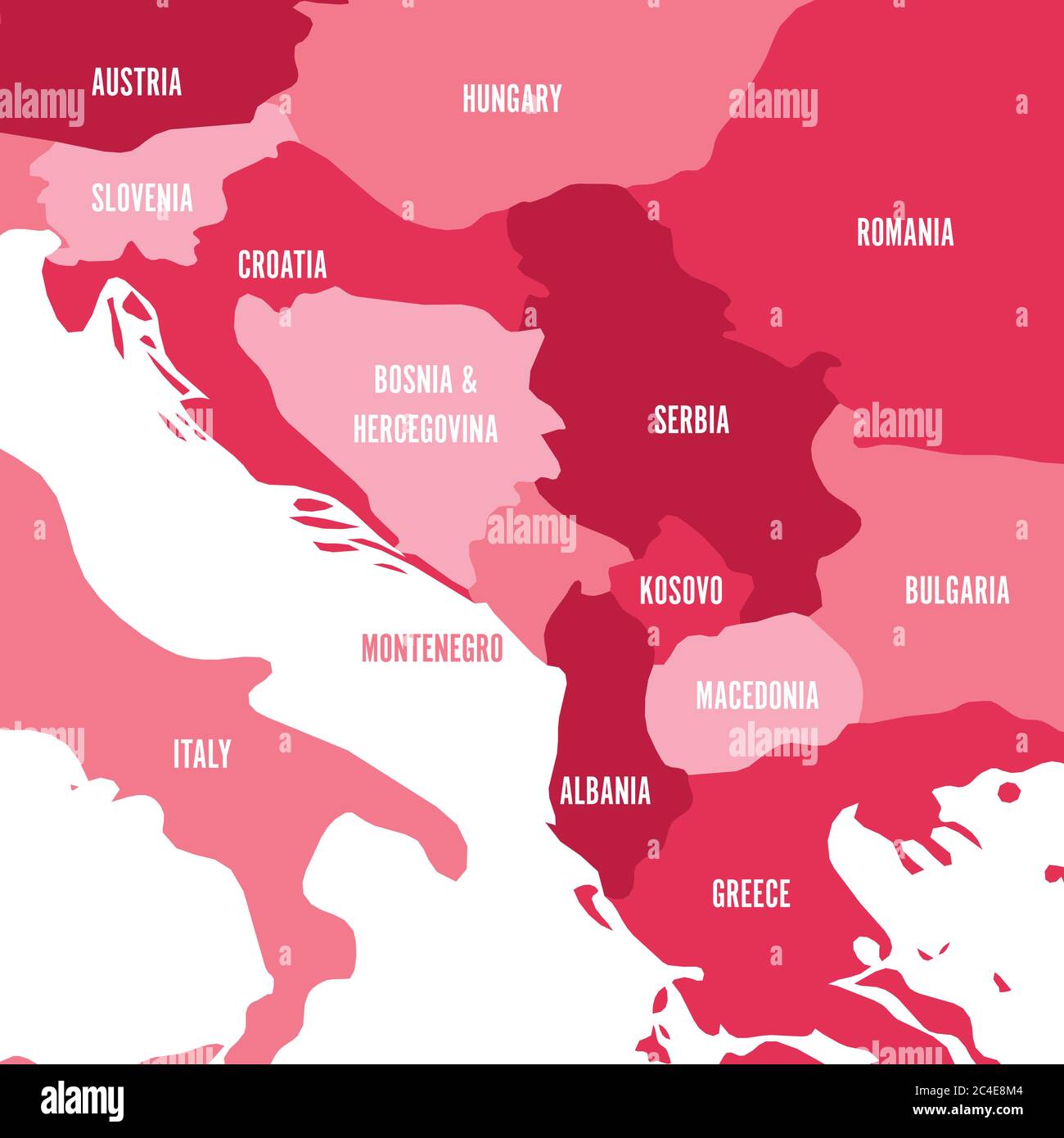 Politische Landkarte des Balkans - Staaten der Balkanhalbinsel. Vier Schattierungen von rosa Vektor-Illustration. Stock Vektor