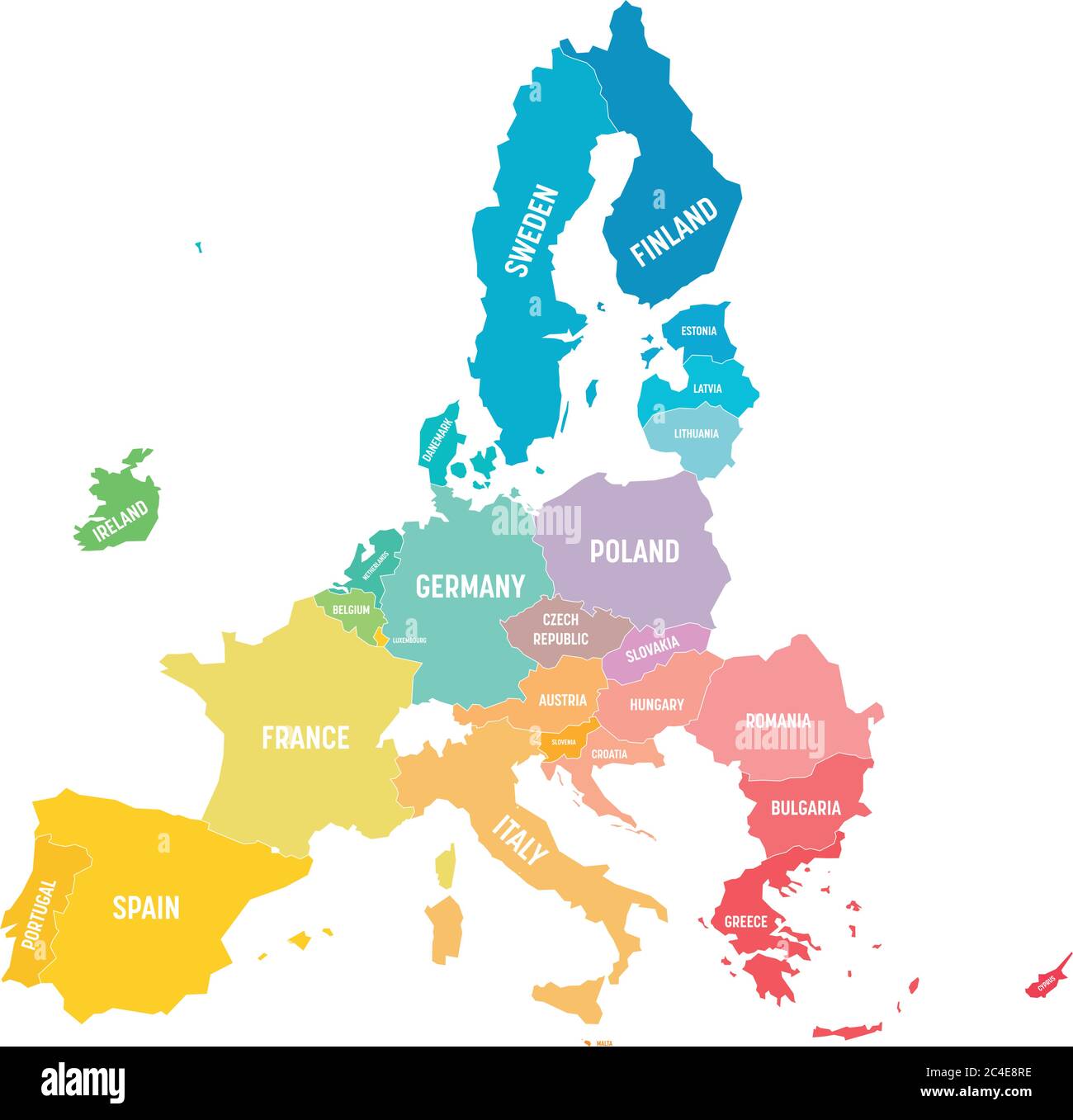 Bunte Vektorkarte von EU, Europäische Union. Mitgliedsstaaten nach dem brexit 2020. Stock Vektor