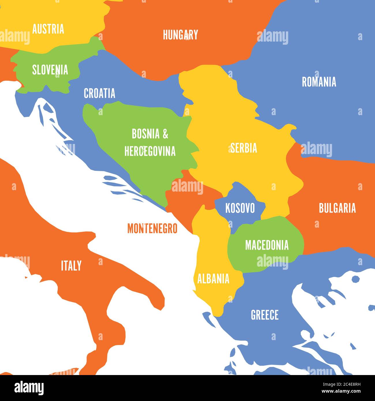 Politische Landkarte des Balkans - Staaten der Balkanhalbinsel. Farbenfrohe Vektorgrafik. Stock Vektor