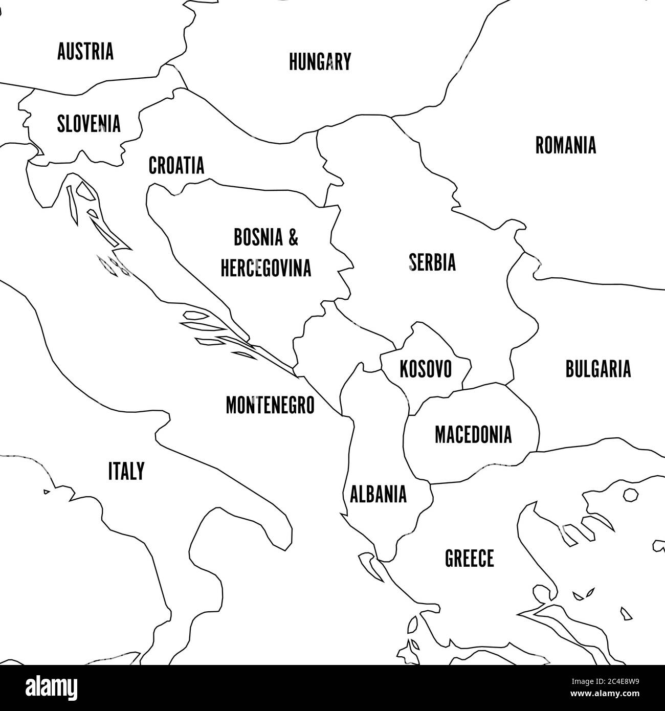 Politische Landkarte des Balkans - Staaten der Balkanhalbinsel. Einfache flache schwarze Umrandung mit schwarzen Ländernamen-Etiketten. Stock Vektor