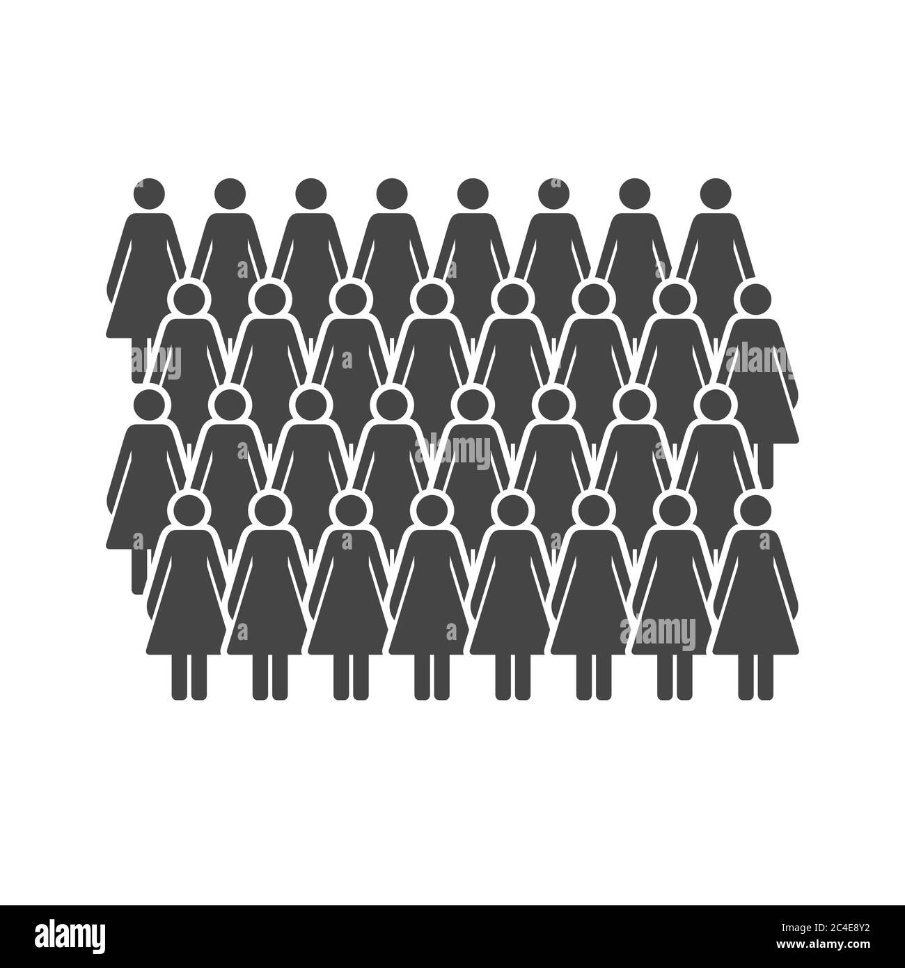 Große Gruppe von Frauen. Weibliche Gäste. Menschen einfache Silhouette Symbole. Gerade Reihen. Vektorgrafik. Stock Vektor