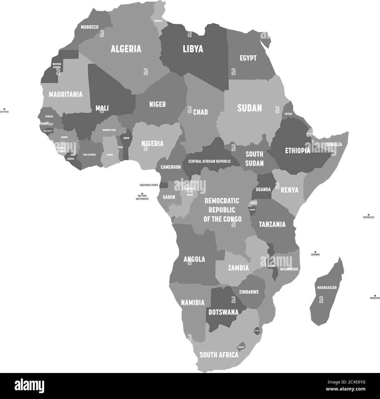 Politische Karte von Afrika in vier Grautönen mit weißen Ländernamen-Etiketten auf weißem Hintergrund. Vektorgrafik. Stock Vektor
