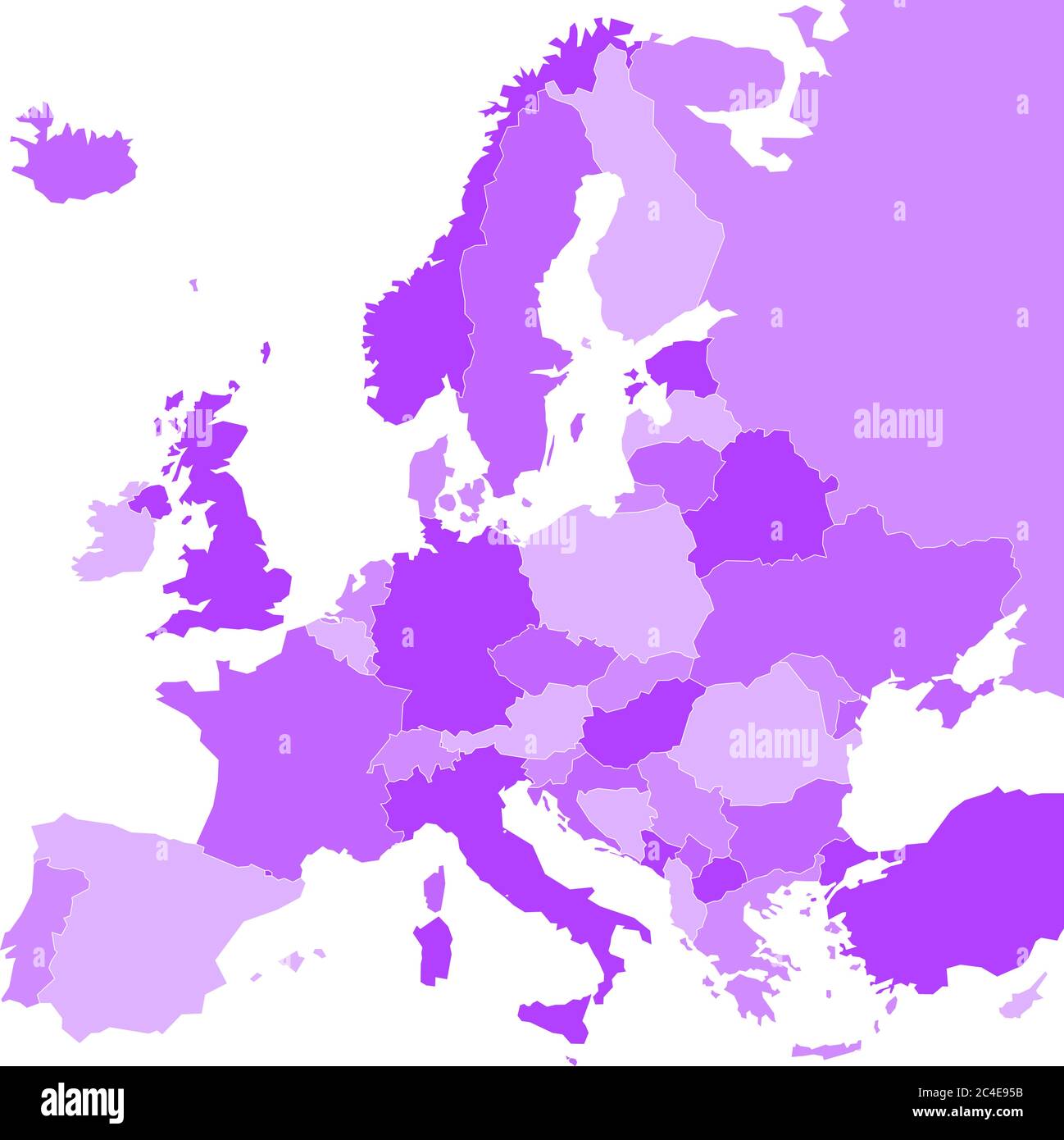 Politische Landkarte von Europa in vier Blautönen auf weißem Hintergrund. Vektorgrafik. Stock Vektor