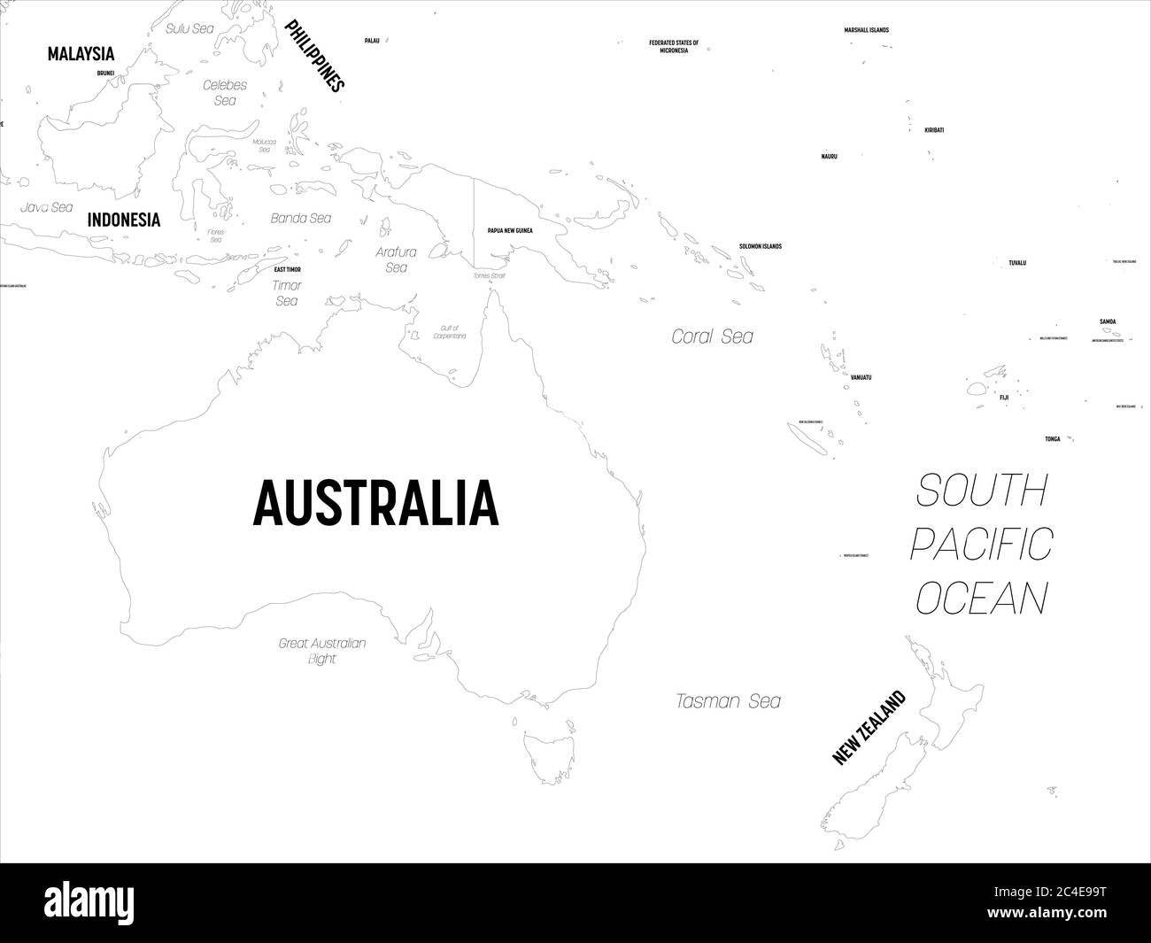 Karte Australien und Ozeanien. Hoch detaillierte politische Karte der australischen und pazifischen Region mit Land, Hauptstadt, Meer und Meer Namen Kennzeichnung. Stock Vektor