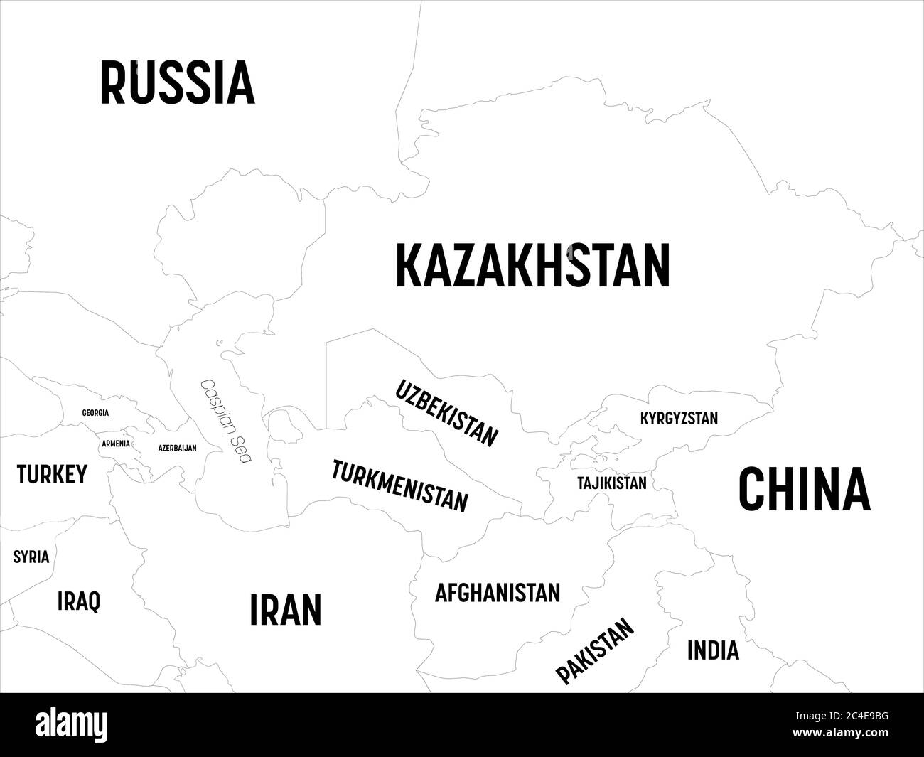 Zentralasien-Karte. Hoch detaillierte politische Karte der zentralasiatischen Region mit Land, Hauptstadt, Meer und Meer Namen Kennzeichnung. Stock Vektor