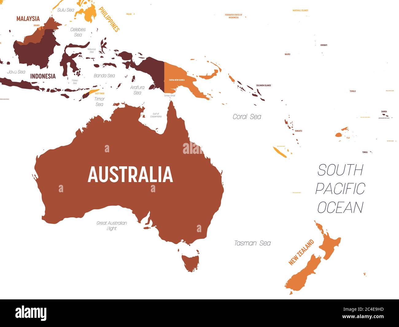Australien und Ozeanien Karte - braun orange Farbton auf dunklem Hintergrund. Hoch detaillierte politische Karte der australischen und pazifischen Region mit Land-, Meer- und Meeresnamen Kennzeichnung. Stock Vektor