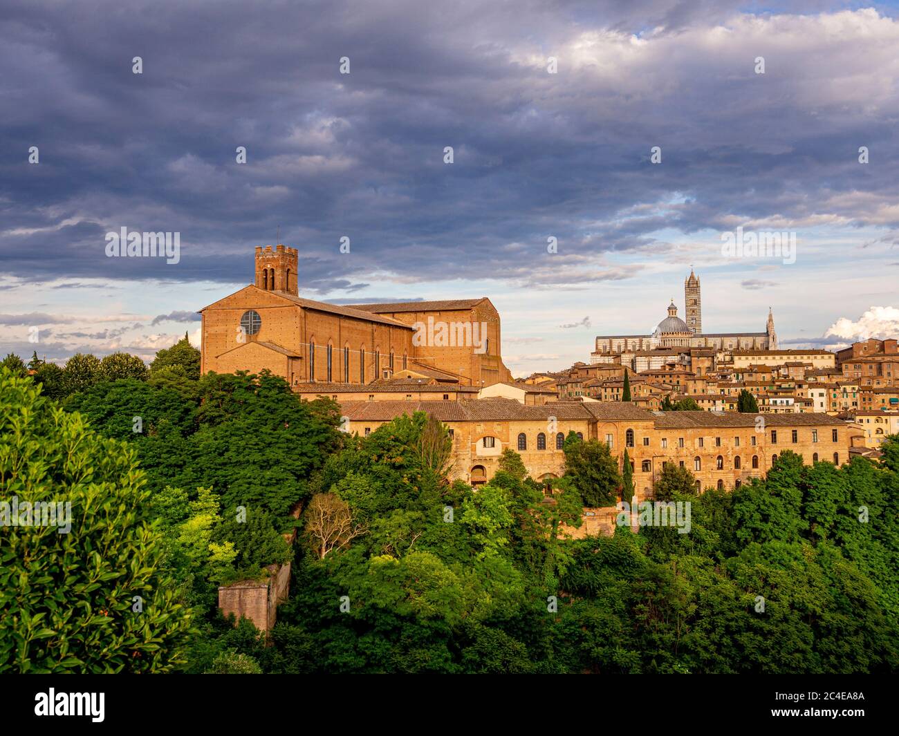 Kathedrale von Siena mit der Basilika San Domenico auf der linken Seite und der Kunstschule von Duccio im Vordergrund. Italien Stockfoto