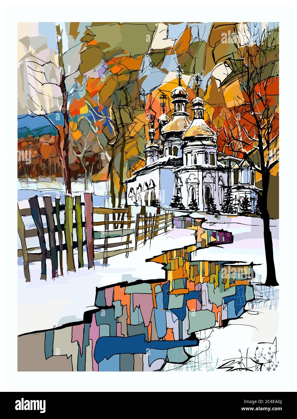 Russische orthodoxe Kirche in einer verschneiten Winterlandschaft - Vektor-Illustration (ideal für den Druck auf Stoff oder Papier, Poster oder Tapete, Hausdekoration Stock Vektor
