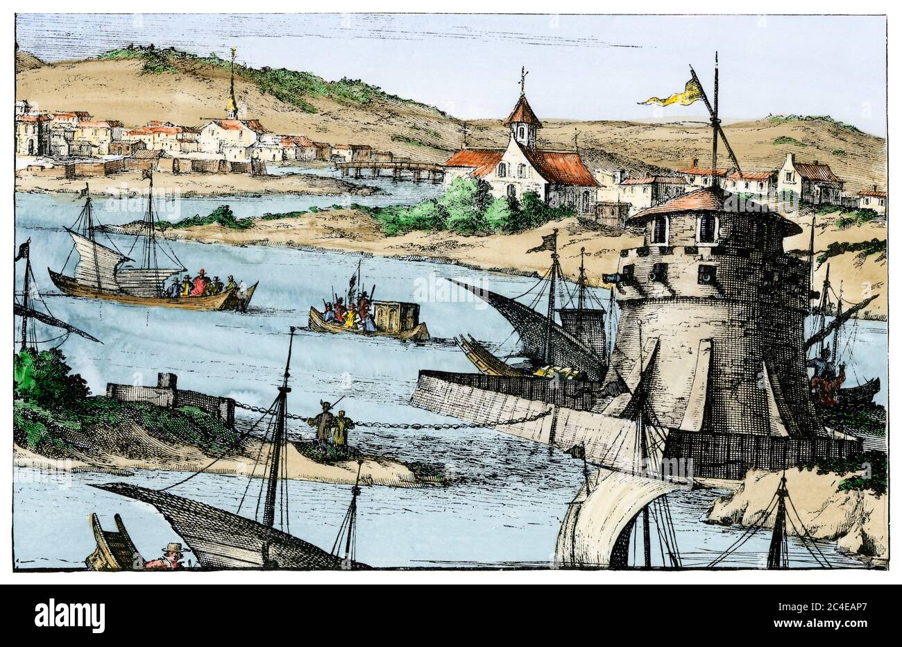 Cartagena, Kolumbien, ein wichtiger spanischer Kolonialhafen, Anfang des 16. Jahrhunderts. Handkolorierter Holzschnitt aus Montanus Stockfoto