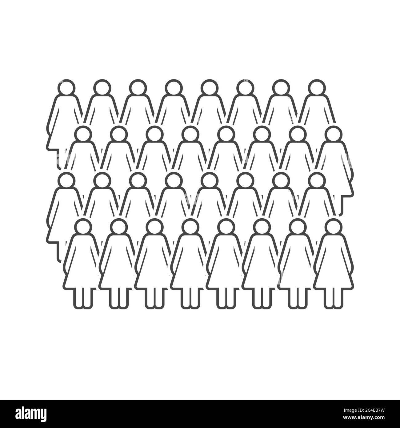 Große Gruppe von Frauen. Weibliche Gäste. Personen Einfache Liniensymbole. Gerade Reihen. Vektorgrafik. Stock Vektor
