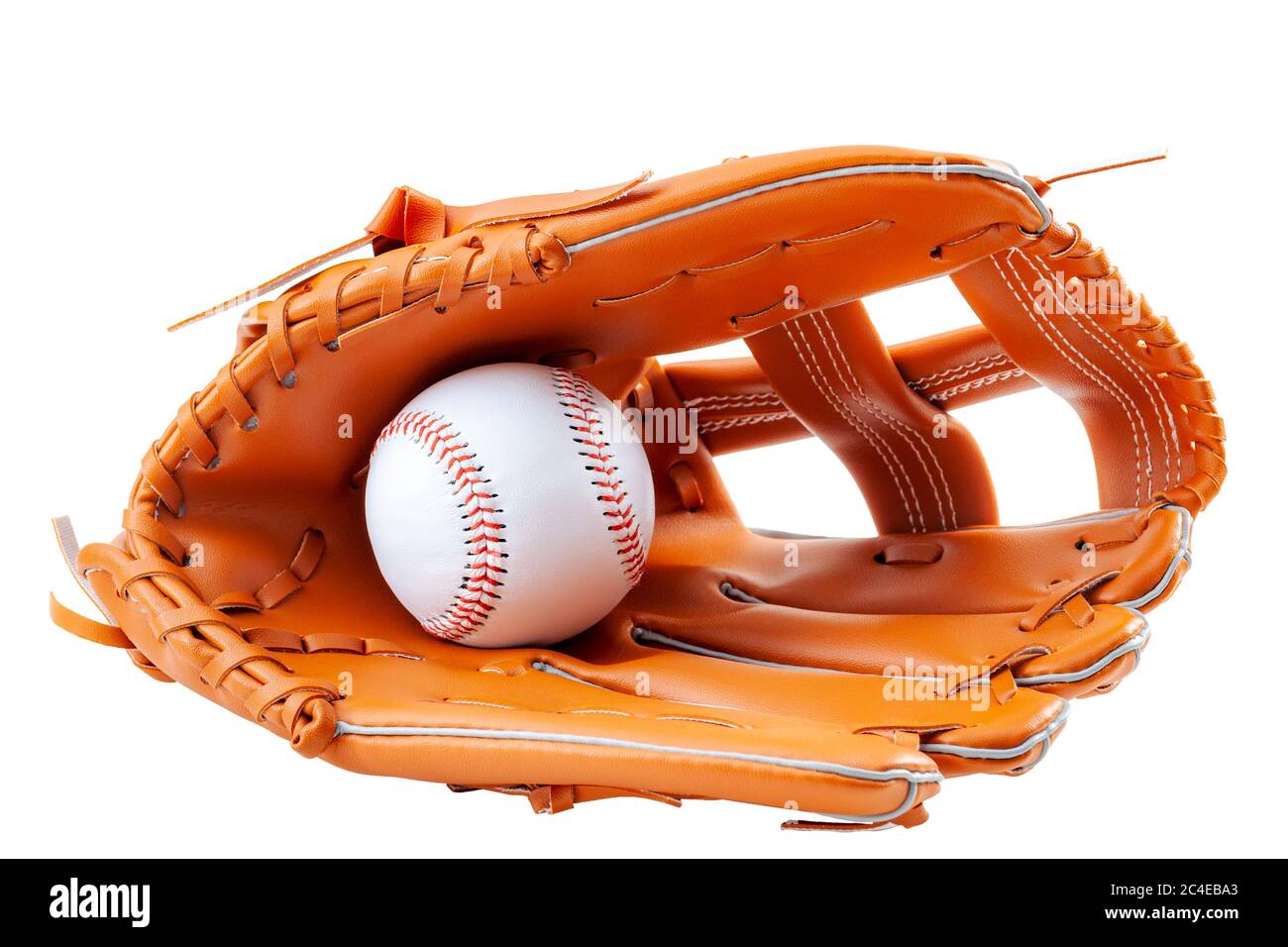 Amerikas Zeitvertreib, Sportausrüstung und amerikanisches Sportkonzept mit einem neuen generischen Baseballhandschuh und einem Ball isoliert auf weißem Hintergrund wi Stockfoto