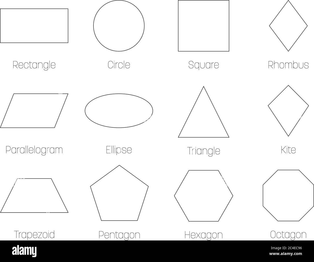 Geometrische Formen mit Beschriftungen. Set von 12 Grundformen. Einfache flache Vektorgrafik. Stock Vektor