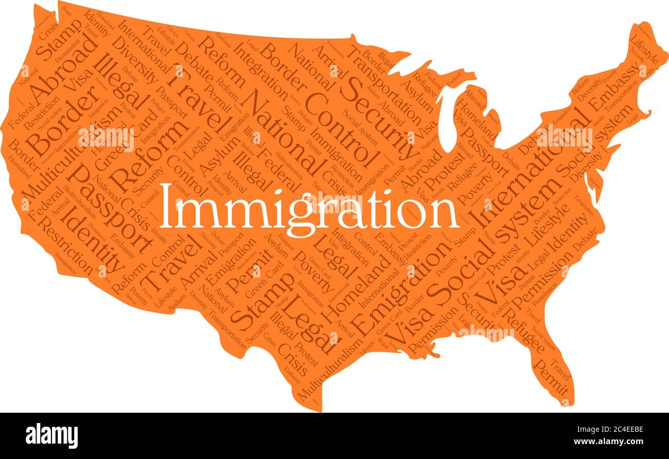 Immigration Wort Wolke Konzept in Form von Vereinigte Staaten Silhouette. Dunkeloranger Text auf oranger Karte mit hellem Einwanderungswort Stock Vektor