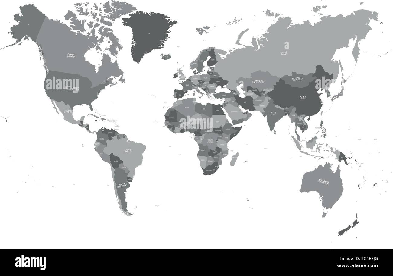 Weltkarte in vier Grautönen auf weißem Hintergrund. Detaillierte politische Karte mit Ländernamen. Vektorgrafik. Stock Vektor