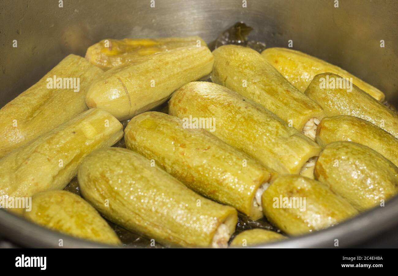 Gefüllte Traubenblätter und Zucchini. Stockfoto